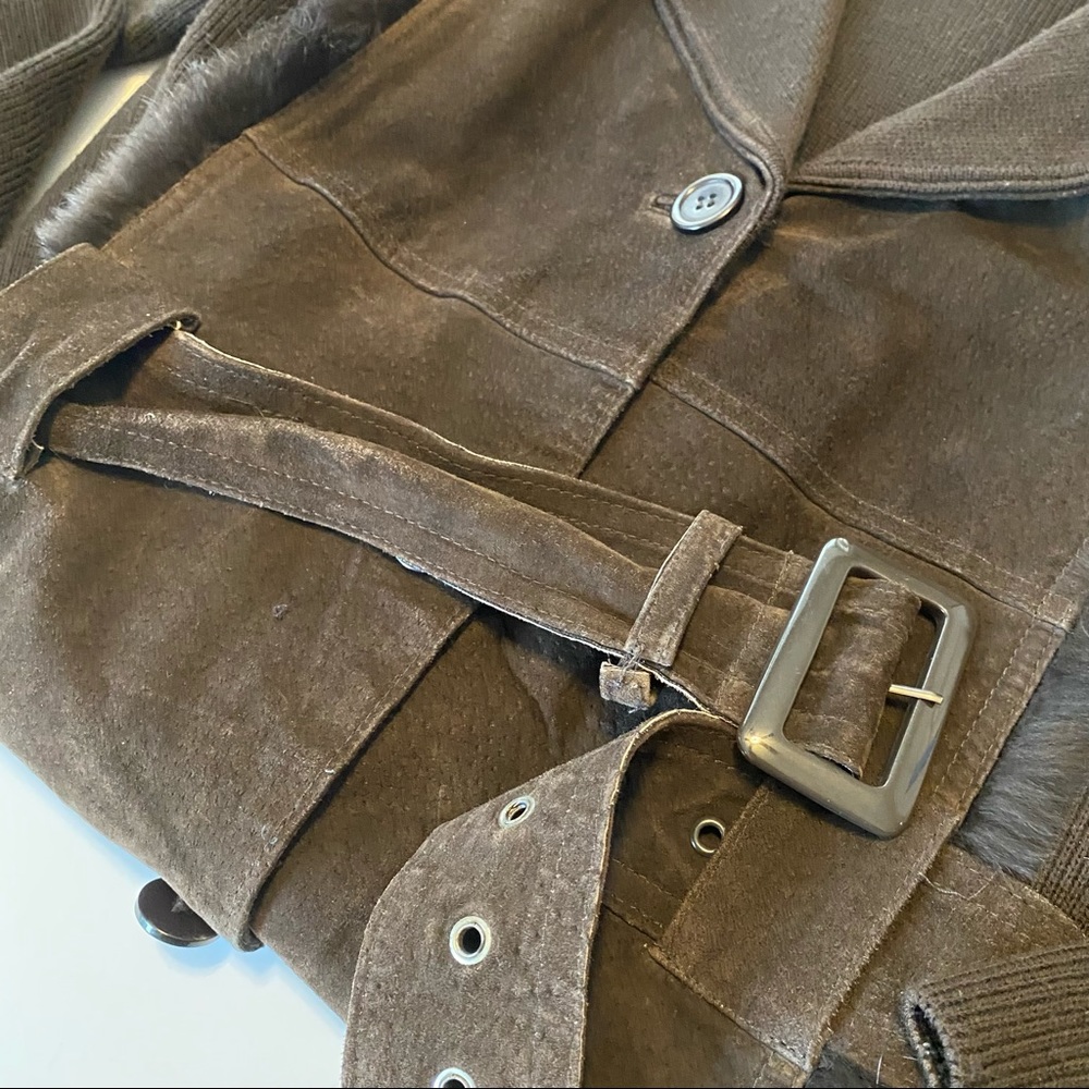 Vintage Brown Suede Sweater Coat Fur Collar Trench Coat M - Picture 10 of 13